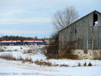 One of the OSR Guelph Division engineers Manley Johnson preferred Alco/MLW's. He also preferred this pair. Pictured is Job 2 heading North in the early afternoon, passing a farm located between Corhwin and Arkell on the Guelph Junction Railway. This day the boys will run straight to the CN interchange and north end of Guelph, by the time they arrive in the north end of town, the sun would come out.
<br><br>
I had missed the BC Rail era - didn't make it out west before they sold to CN. What BC Rail scheme do you guys enjoy the most? What I find the most striking is the Erie Lackawanna did this scheme first. Was it a 1776-1976 thing or something else? 