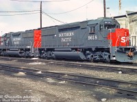 Brand new Southern Pacific GP60 units SP 9618 and 9619 sit at CP's Quebec Street yard in London, Ontario after being outshopped from the nearby GMD London locomotive assembly plant. By the late 80's, most of EMD's locomotive production had moved from La Grange to the General Motors Diesel Division's London plant, including large orders for US customers. Southern Pacific was the largest customer for the GP60 model, ordering 100 units for themselves (lettered SP), and 95 for subsidiary St. Louis South-Western Ry (SSW), all numbered in the 9600-9700 series. The two units shown here are some of the initial SP units.
<br><br>
<i>Bill Grandin photo, Dan Dell'Unto collection negative (with some restoration/colour correction work).