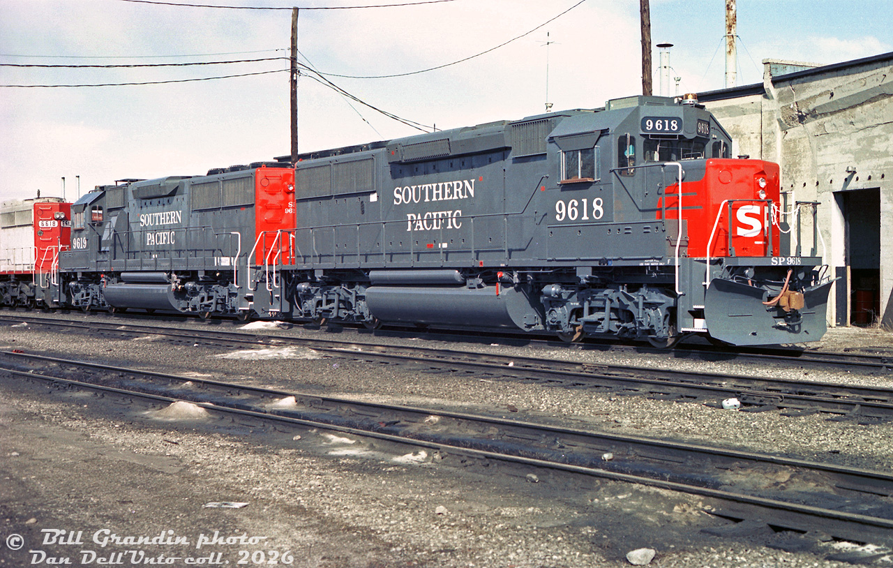 Brand new Southern Pacific GP60 units SP 9618 and 9619 sit at CP's Quebec Street yard in London, Ontario after being outshopped from the nearby GMD London locomotive assembly plant. By the late 80's, most of EMD's locomotive production had moved from La Grange to the General Motors Diesel Division's London plant, including large orders for US customers. Southern Pacific was the largest customer for the GP60 model, ordering 100 units for themselves (lettered SP), and 95 for subsidiary St. Louis South-Western Ry (SSW), all numbered in the 9600-9700 series. The two units shown here are some of the initial SP units.

Bill Grandin photo, Dan Dell'Unto collection negative (with some restoration/colour correction work).