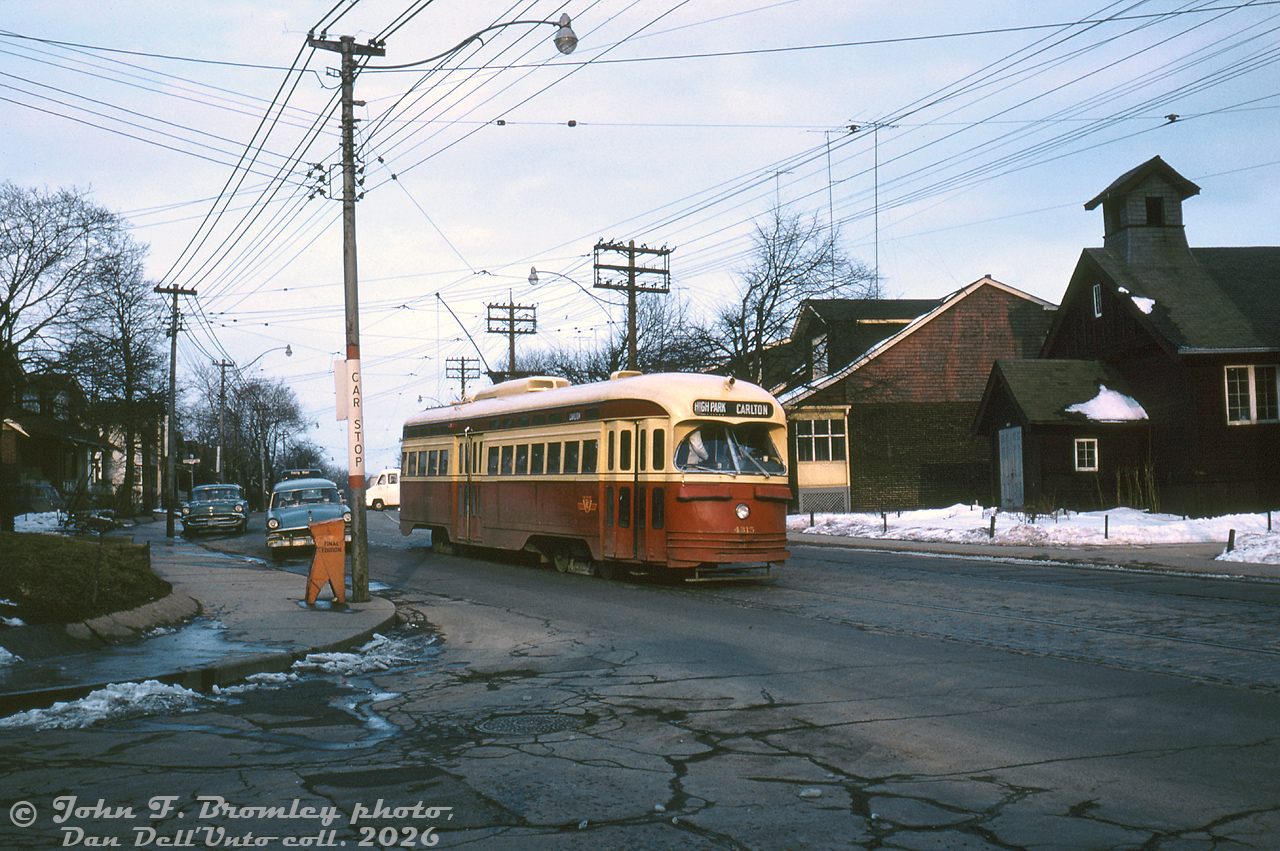 TTC PCC 4315 (A6-class, built CC&F 1947) is operating on the Carlton route heading westbound on Gerrard Street East, pausing at the streetcar stop at Golfview Avenue to pick up a passenger (note the closing doors). Most of the houses appear to have remained intact, but the church on the right has since been replaced with a larger, more modern building.John F. Bromley photo, Dan Dell'Unto collection slide.