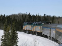 <b> 10 per on the curve </b> <br>
VIA 692 pokes along at 10 m.p.h. heading north on HBR's Thompson Sub. towards the station stop at Thompson, MB on May 1, 2026. <br>
Numerous locations on HBR's Thompson Sub. drop from the average 30 m.p.h. to 10 in several locations, and 5 m.p.h. through a major bridge work spot. <br>
The track improvements along the entire route to Churchill have been quite noticeable since 2022 when I began traveling after retirement.