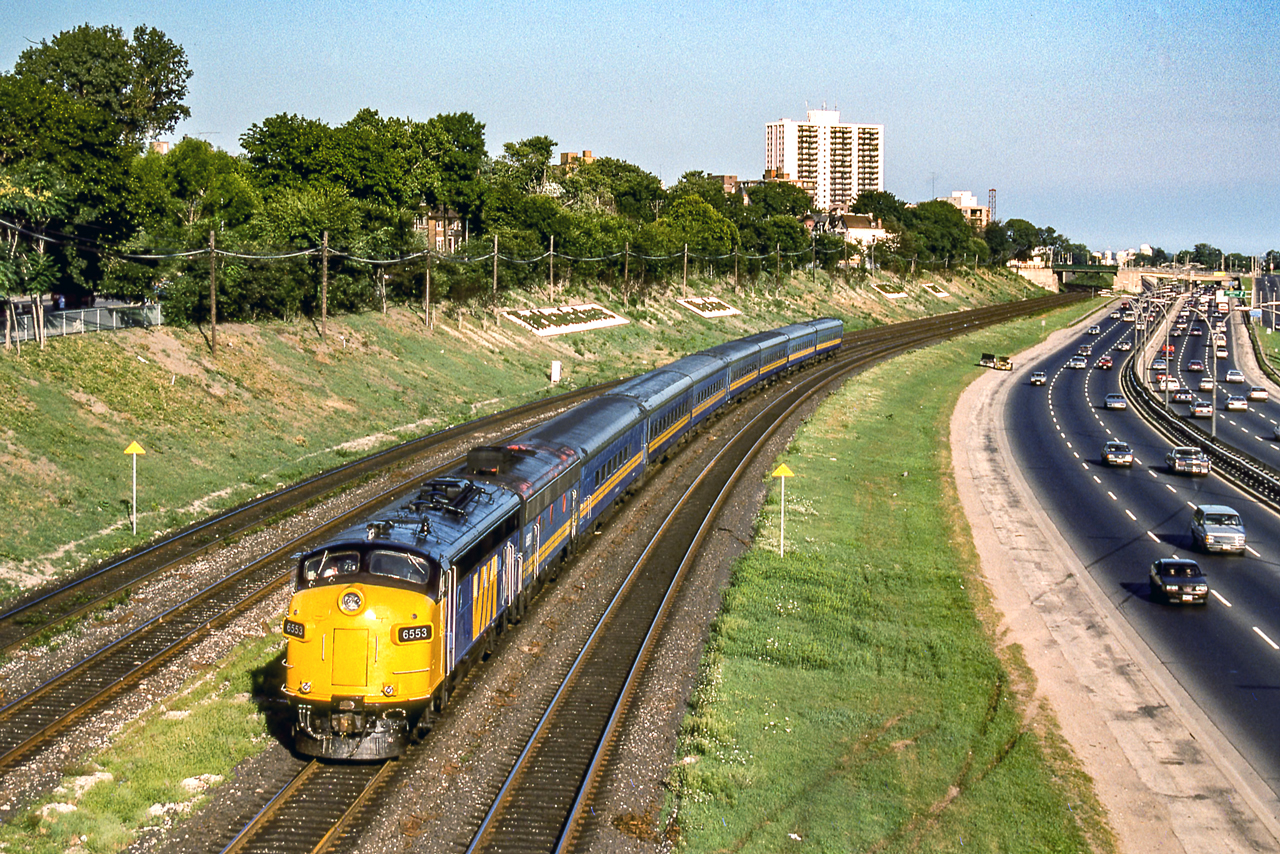 VIA 6553 is westbound in Toronto on August 7, 1988.