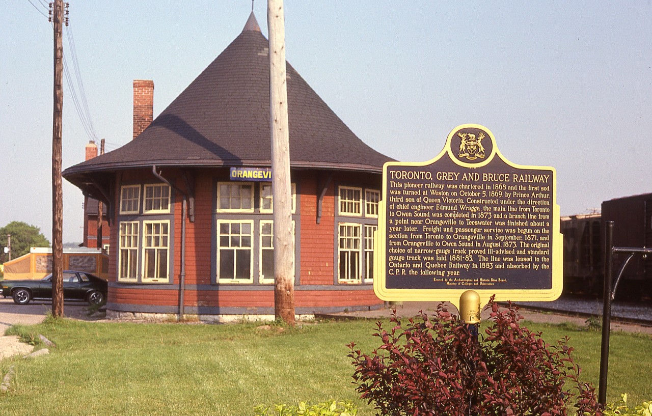 A morning view of the historical plaque on the Toronto, Grey & Bruce, situated by the Orangeville CP station many years ago.
