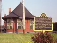 A morning view of the historical plaque on the Toronto, Grey & Bruce, situated by the Orangeville CP station many years ago.