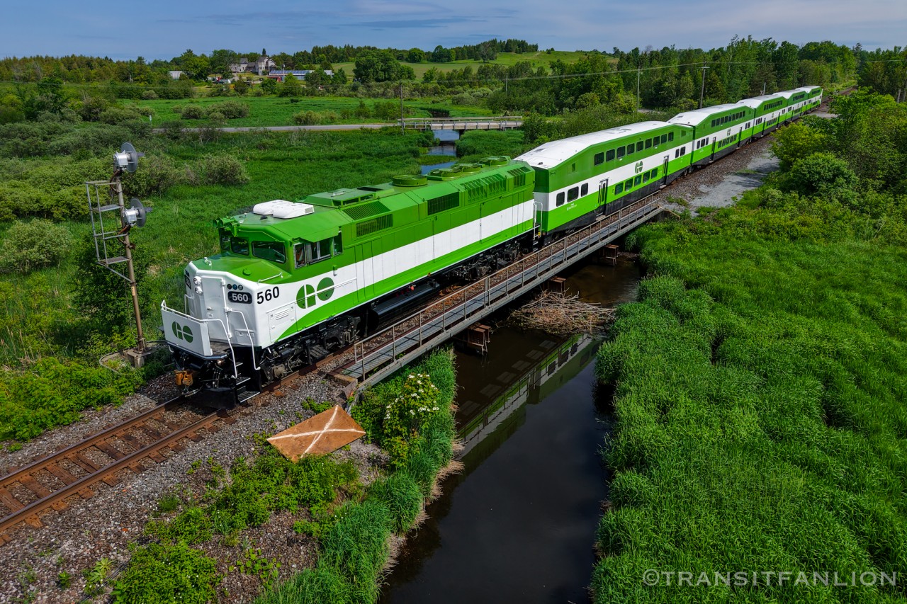 GOTX 560 in the lead of CN P30031 11, cab car GOTX 206 on tail end, transporting refurbished GO Transit equipments from North Bay back to Willowbrook yard with ONR crew operating. (2026/06/11)