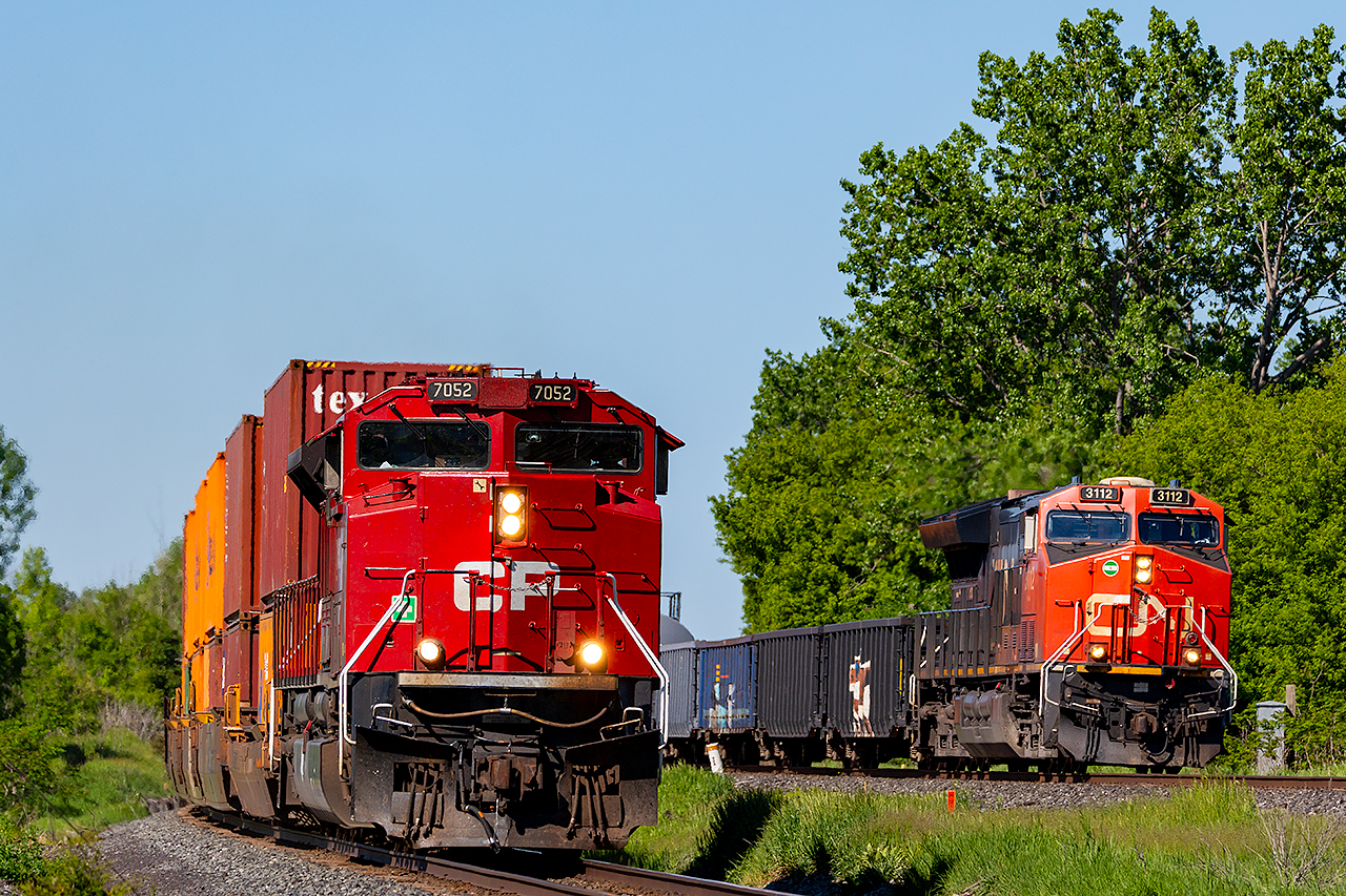 CPKC and CN running neck and neck eastbound through Brighton with perfect timing.