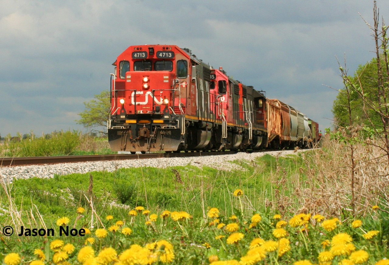 CN L568 with GP38-2’s 4713, 7515 and 7524 is pictured at Nafziger Road, just west of Baden, Ontario. Here, the crew will switch Alpine and then Pestell Pet Products before proceeding west to Stratford, Ontario over the Guelph Subdivision.