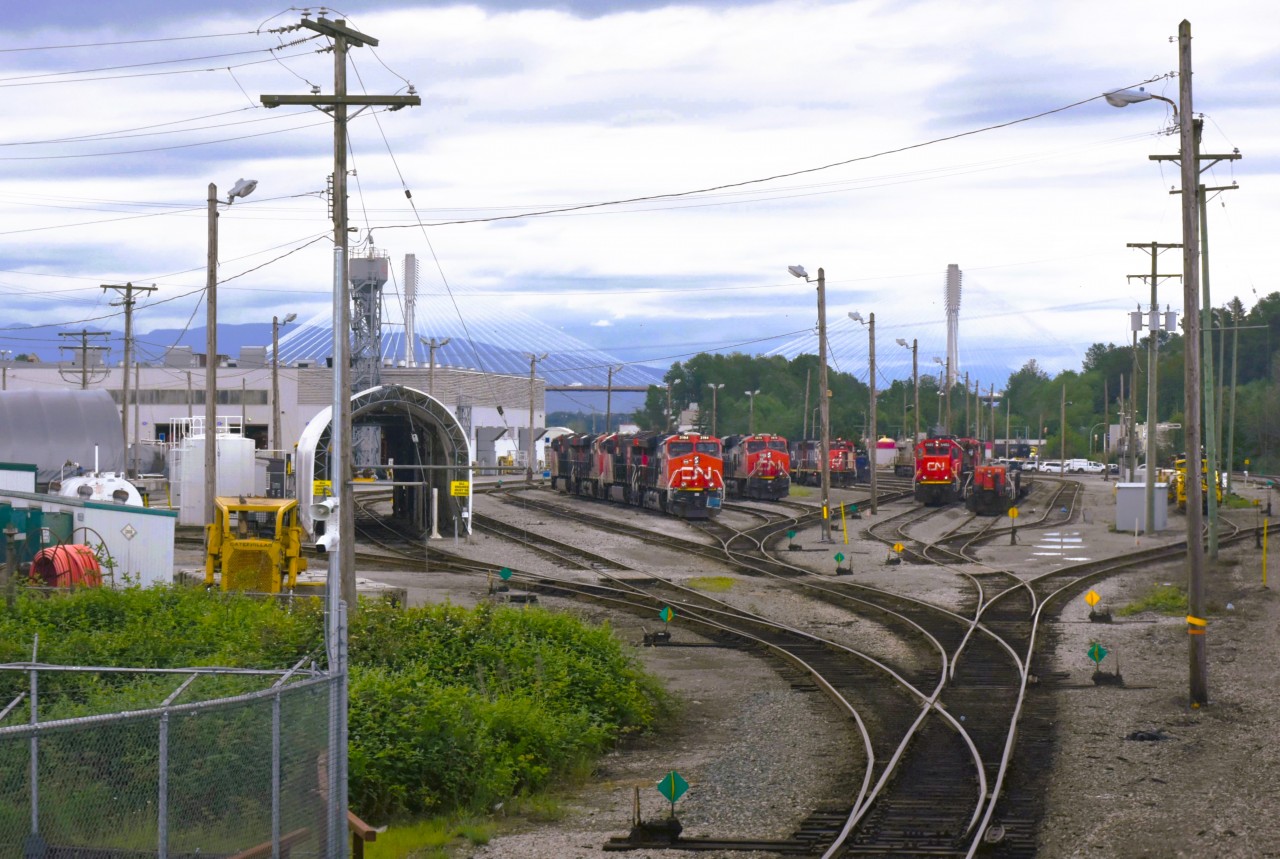 No shortage of power  
There's plenty of power stationed on the storage tracks at CN's Thornton Yard diesel shop. Most ready to go, but a number of them in the deadline. 
CN Thornton Yard is located in Surrey, BC. The specific address is 13883 117 Ave. Surrey, BC V3R 2V4