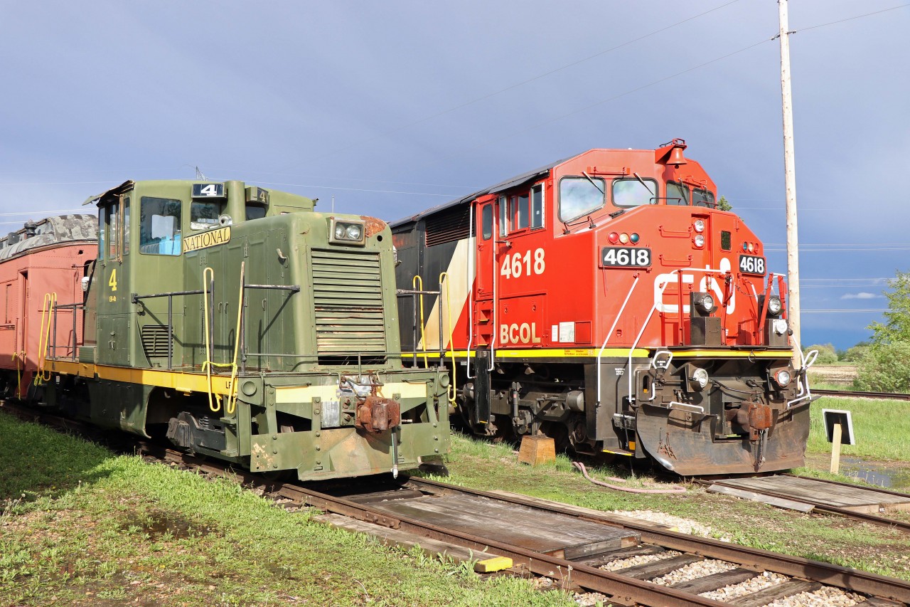 Hard to believe today, but there was a time when GE locomotives were a "rounding error" in the CN roster. (A handful of electrics in Montreal commuter service, the 70 tonners on PEI, and a few 44 tonners...) So here we have "the long and the short of it"--BCOL 4618 (built in 1990 and donated the the Alberta Railway Museum in 2023) and CN 4 (built in 1956, retired in 1967, subsequently sold to Stelco in Edmonton who donated it to the Museum in 2012). One of the volunteers told me that the 4618 is operable but too heavy to be used on the light rail at the Museum!
