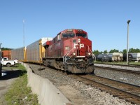 After climbing the hill from Hamilton, this GE ES44AC is seen rounding the curve at Guelph Junction to continue on it's way eastbound. Trailing at the back end was Kansas City Southern 4197, an EMD SD70ACe. A real mix of railcars in tow. Early morning at Guelph Junction can produce some real good photo opportunities for anything eastbound. Hamilton departures that head E/B pass by about ten feet from where you can park your car and watch.