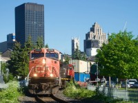 A late CN 149 leaves the Port of Montreal with two DC units.