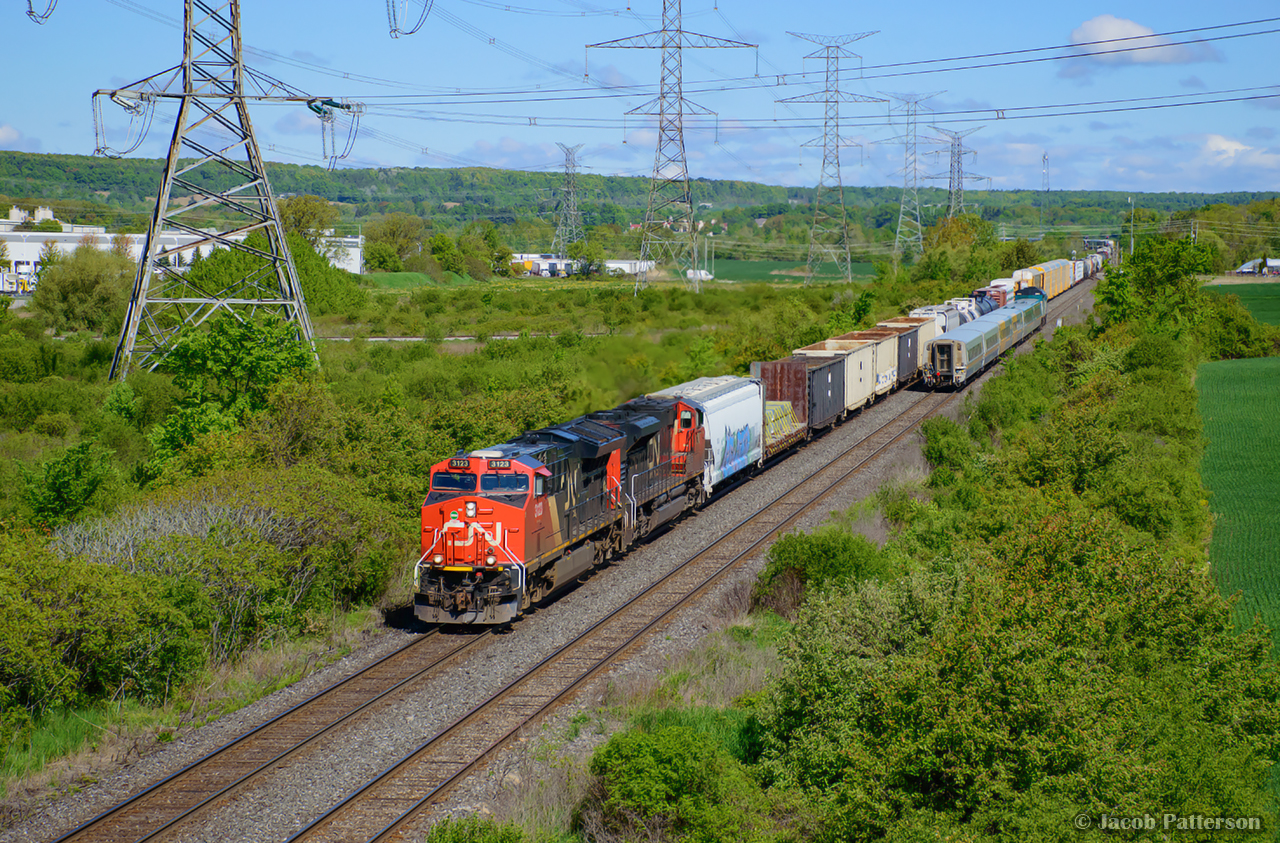 CN 425 roars through Milton, passing a detoured VIA 70, behind VIA 6453, holding for a light at Mansewood.