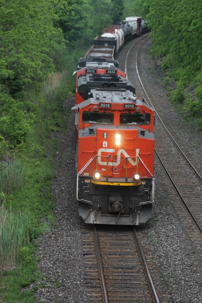 CN 8918 is in charge of a long manifest as it rounds the bend at Denfield Bridge this afternoon.