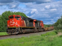 CN 8816 and CN 2342 bring up the rear of a three train fleet as they pull Chicago to Prince Rupert train Q 1999 08 out of Wabamun. 