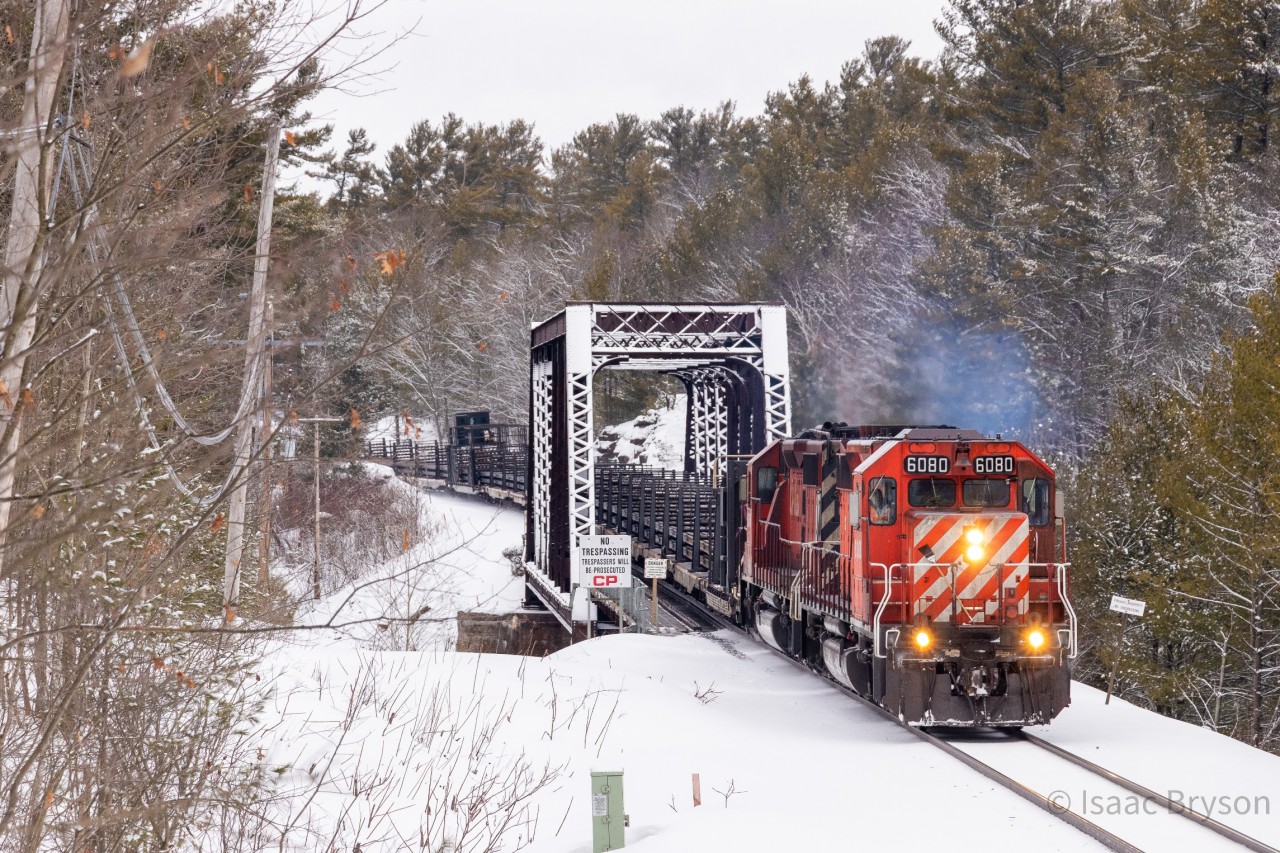 CP CWR-22 hustles down the Mactier sub on an overcast February day with an action red duo of CP 6080 & CP 6045, the latter wearing the iconic multimark scheme.

This week, both units were sent to Mayfield to get the Keith Creel treatment, a fate worse than death in my opinion. 2 more examples of the decline of the once great Canadian Pacific Railway. 

For those wanting to keep track, CP 6028 & 5988 accompanied them, leaving a limited number of units active in their vintage schemes. 

A full breakdown of units still in service (as of June 29/2026) should be:
Dual Flags- 4404, 4507, 6009
Multimark- 5101, 5922, 5996, 
6063, 6067
Action red- 5766, 5908, 6073

Sorry for turning this into a Loconotes post, I hope you appreciate the photo and memory of these units as much as I do.