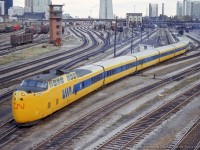 VIA Turbo 126 moves around coach yard at Spadina.

<br><br><i>John Freyseng Photo, Jacob Patterson Collection Slide.</i>
