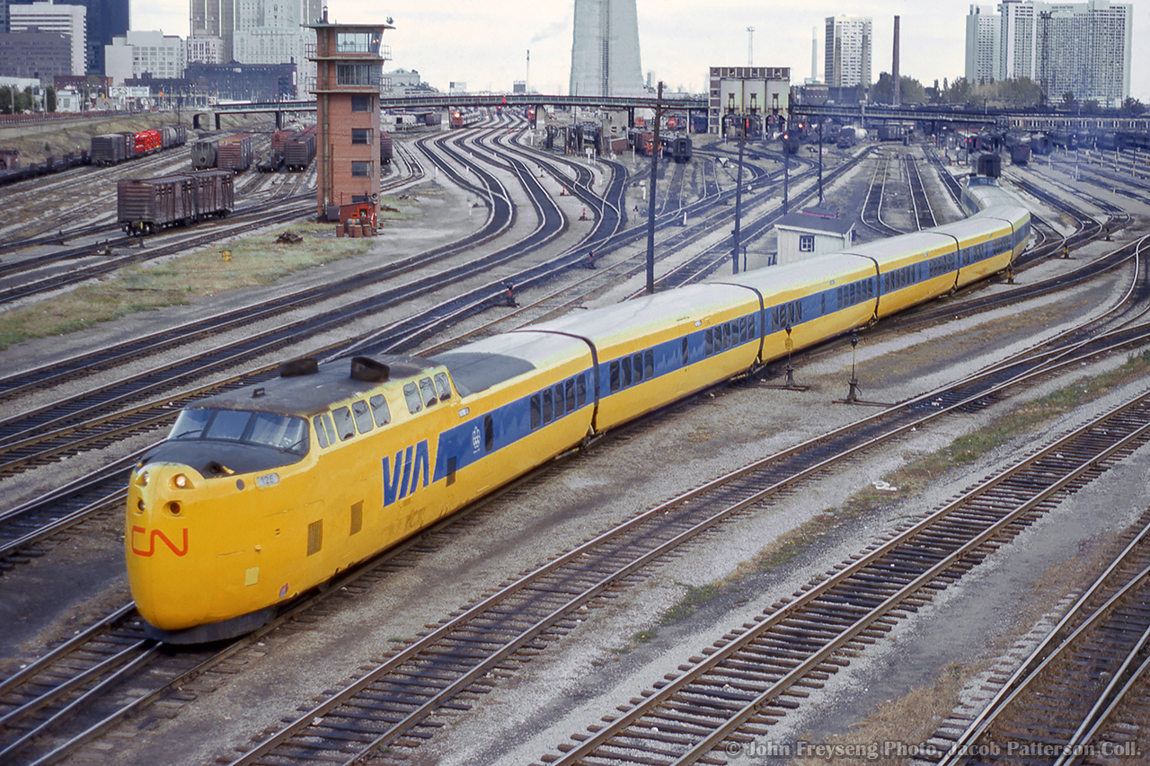 VIA Turbo 126 moves around coach yard at Spadina.

John Freyseng Photo, Jacob Patterson Collection Slide.