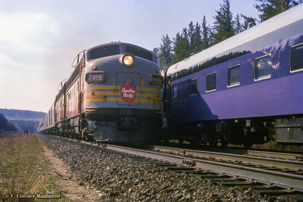 Deep in the woods of northern Ontario, The Confederation train is "somewhere between Port Arthur and Franz," taking the siding for a meet with Canadian Pacific's westbound Canadian.  Upon arrival at Franz, the Confederation train will take the CPR/ACR interchange track, headed south to the Sault.