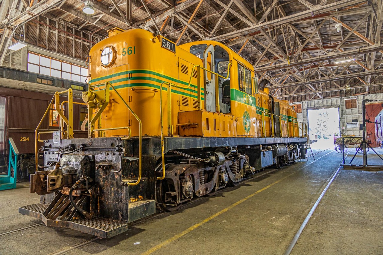 Pacific Great Eastern MLW RS-3 561 on display inside the Car Shop at the Railway Museum of BC. This operational diesel is frequently seen in service at the park, switching trains in and out of the round house and turntable.