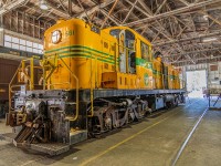 <b>Pacific Great Eastern MLW RS-3 561</b> on display inside the Car Shop at the Railway Museum of BC. This operational diesel is frequently seen in service at the park, switching trains in and out of the round house and turntable. 