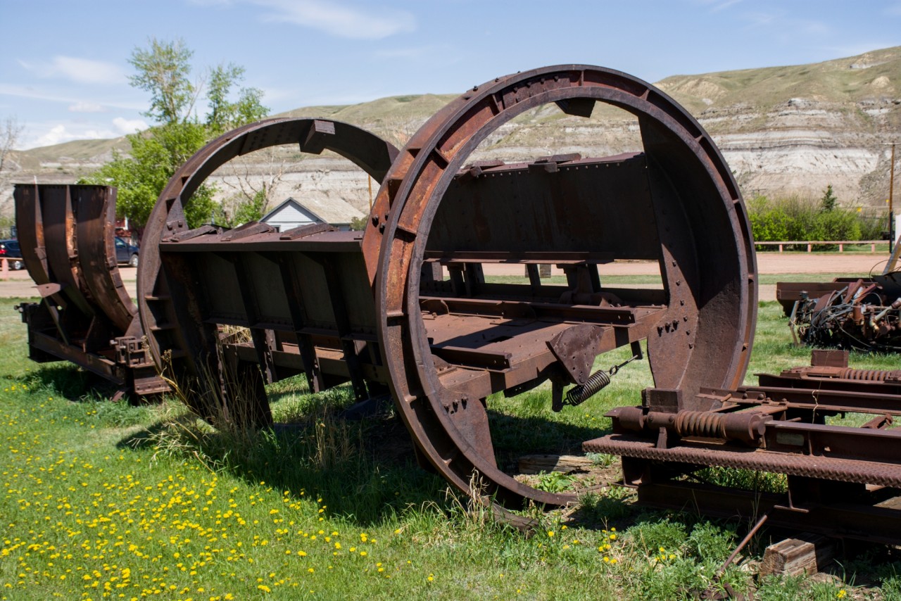A rotary dumper used on the Atlas Coal Mine RR. This unit was actually positioned about 10-15 stories up the valley, as the coal was at the same level. When the coal was extracted, it was shipped out to this dumper via rail car and mule/horse, and then down to the bottom via conveyor belt where it was loaded onto CN trains.