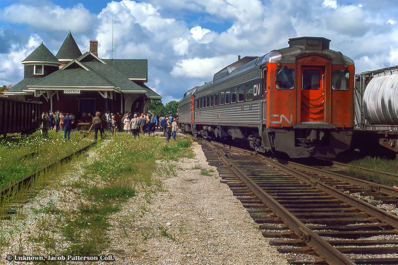 Excursionists disembark a UCRS trip at Goderich to take in the scene.  The trip had operated from Toronto via the Oakville and Dundas subdivisions to reach London, running up to the GMD plant for a tour.  Following the tour, the trip departed London for Hyde Park, taking the Exeter Sub north to Clinton and on to Goderich.  Stratford bound, the train would pause at Mitchell for a runpast, with another to follow