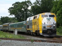 Looking worse for wear, this VIA Rail GE P42DC is seen travelling through CNR Carew on it's way to the Woodstock Via Station.