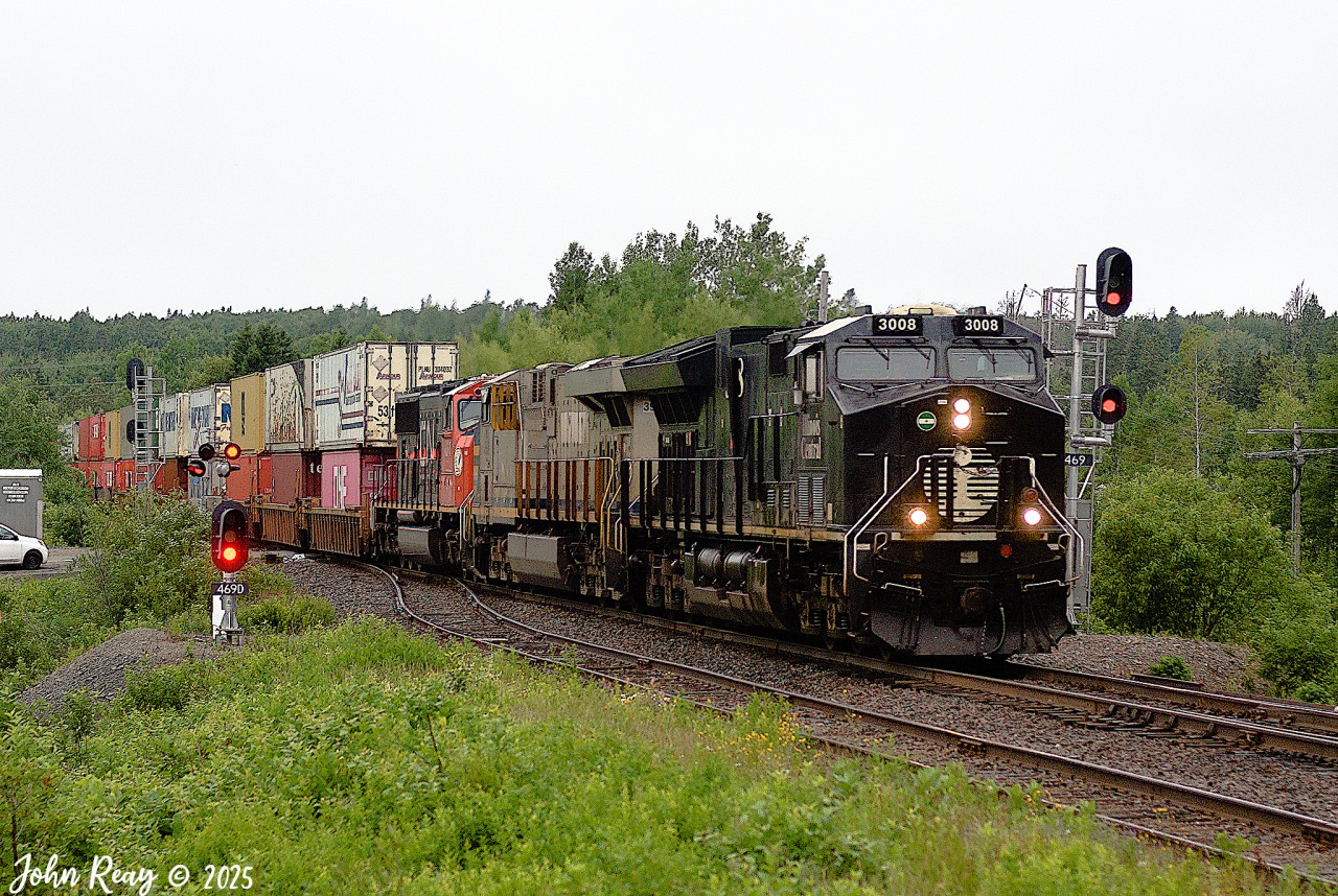 June 30th 2025, the last time I shot the IC Heritage unit (CN 3008) leading CN Z120. Seen here at Oxford Jct NS.