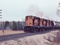 <br>
<br>
Three Montreal Sisters
<br>
<br>
MLW 1956 built RS-10s are running out the final years
<br>
<br>
And yes, as in the days of Steam,  the 'A' end is long hood forward.....
<br>
<br>
CP Rail 8592 – 859x – 8594 westbound near Puslinch, May 3, 1980 Kodachrome by S.Danko
<br>
<br>
Same Location?
<br>
<br>
<a href="http://www.railpictures.ca/?attachment_id= 26102"> By MDC  </a>
<br>
<br>
sdfourty

