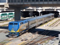 One for the "remember when the P42's were everywhere" files, now that VIA P42DC 919 is one of the retired units facing scrapping in the near future: 919 backs her consist of 5 HEP Budds from the TMC into Union Station on Track 8 during PM rush hour, likely the equipment for train #83. After loading passengers at Union, it will depart westbound around 5:15pm-ish for the Oakville Sub. Below the unit, work continues on the Simcoe Street underpass project under the USRC.<br><br>The consist for the evening was VIA 919, 4004, 4118, 4122, 4116, and 4121. Hard to believe those 1940-50's Budd stainless steel cars might outlive the entire P42 fleet...