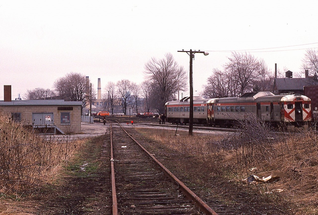 Looking down the former Stevensville line (CP), now a spur; as the CP passenger Budds take on a commuter or two before heading over the International bridge.  Gloomy morning, very similar to the future of this train.
