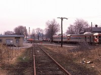 Looking down the former Stevensville line (CP), now a spur; as the CP passenger Budds take on a commuter or two before heading over the International bridge.  Gloomy morning, very similar to the future of this train.