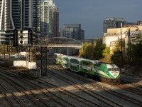 In between shadows cast by the numerous condos downtown, an inbound Milton GO train rushes into the Union Station Rail Corridor off the Galt Subdivision with a shortened COVID-era consist. I recall Curtis was with me for this one.
