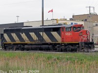 Zebra stripes at 75 Diesel Drive: CN SD60F 5508 sits stored during a traffic downturn on one of the perimeter tracks around the diesel shop (aka the "Locomotive Reliability Center") at MacMillan Yard. CN was the only railway to order the full-width "Draper Taper" cowl design with Canadian Safety Cab on their SD60F units, a continuation from the earlier SD50F and HR616 orders. A good bunch were resold after retirement, with the rest cut up for scrap.