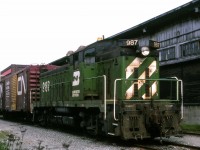 Having just arrived on VIA's Super Continental, I noticed several BN units in the yard adjacent to what is now the Pacific Central station (at the time, the CN station and site of local offices--the station not yet having been conveyed to VIA; VIA had only officially become its own crown corporation on April 1st). The NW5 is one of only 13 built, 10 for Great Northern...EMD's answer to Alco's RS1 and a predecessor of our own GMD1s. The freight shed in the background is part of former GN facilities in central Vancouver including, until the mid-1960s, it's own station.