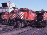 Four units; four models; two builders: CP 4711, 4573, 5726, and 8107 are ready for their next assignment at CP's Agincourt Yard in Toronto, Ontario on May 19th, 1979.  This type of variety was considered normal in the 1970s.