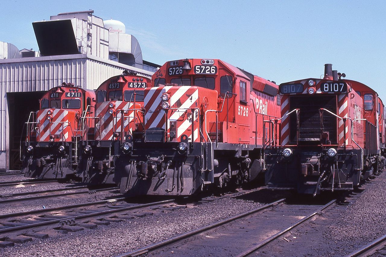 Four units; four models; two builders: CP 4711, 4573, 5726, and 8107 are ready for their next assignment at CP's Agincourt Yard in Toronto, Ontario on May 19th, 1979.  This type of variety was considered normal in the 1970s.