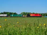 Closing in on a crew change at Guelph Junction, CPKC's weed spray train cuts across the farmland near Progreston.