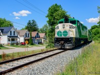 GO Transit 564 shoves on the rear of train 3959, making their way west on the GEXR Goderich Sub to tie down at mile 3 during their layover.  The train will return west to Toronto early in the evening.

<br><br>GO Transit service to Stratford commenced this past week, with equipment using the Goderich Sub as a pullback during the week to clear the plant at Stratford West prior to departing for Toronto.  On weekends, the run is flipped, starting out of Toronto, returning east in the evening.

<br><br>While today, Stratford is renowned for theatrical performances of the Stratford Festival, it of course relied heavily on the Grand Trunk Railway during the early years.  While heading up the branch, the equipment passes the GTR shops (behind the photographer,) as well as the residential neighbourhood along St. David Street.  The housing you see here, as well as that on the four streets off to the left/south - McKenzie, Argyle, Stratford, and Nelson Streets - were constructed circa 1909 as part of the GTR's shop expansion, with properties available for GTR shop employees on a rent - to- own basis.  Over a century later, the majority of these properties remain as more expansion comes to the local railway scene.