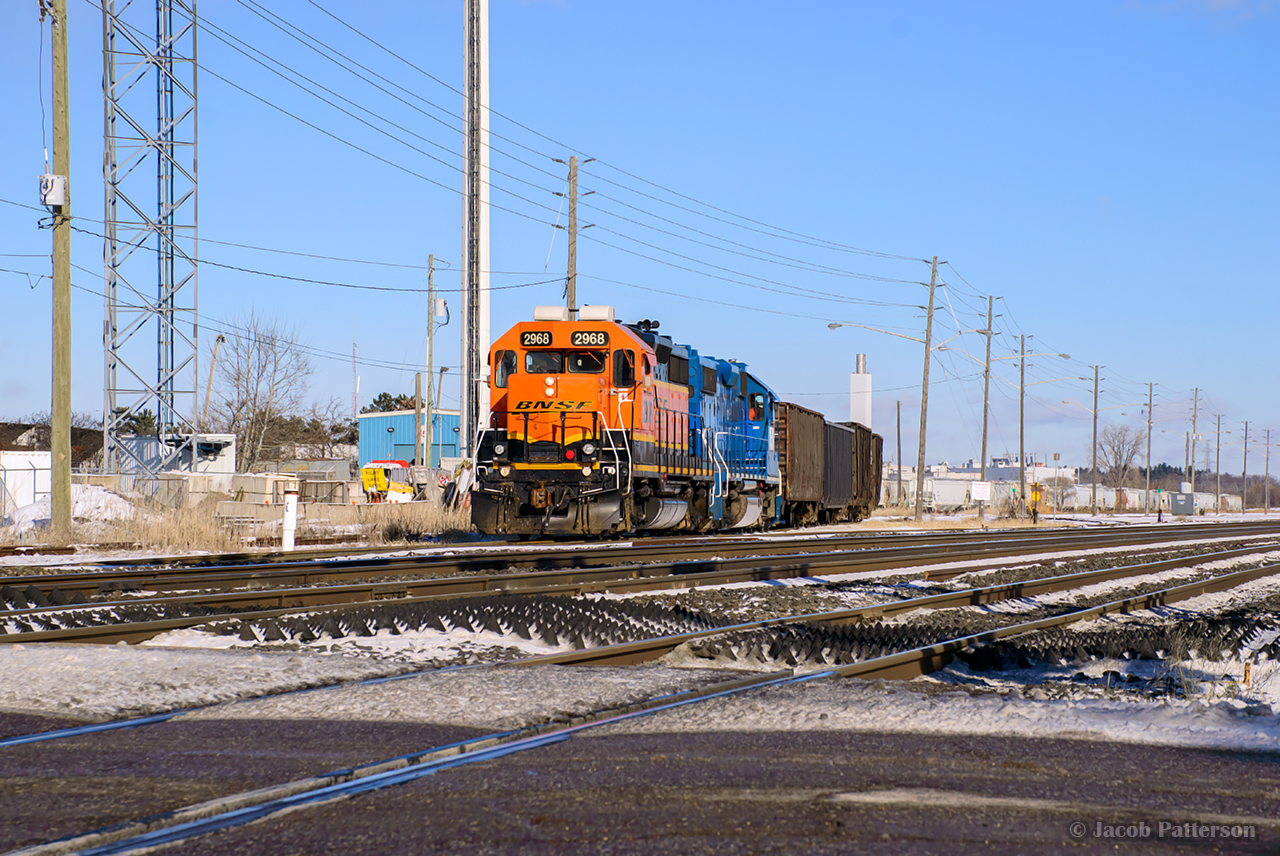 The bright winter sun shines down on Oakville yard, where CN 554 is building their train for Aldershot.  Despite the gorgeous weather, a bitter wind was blowing, and I didn't stick around long before retreating back to the warm car.