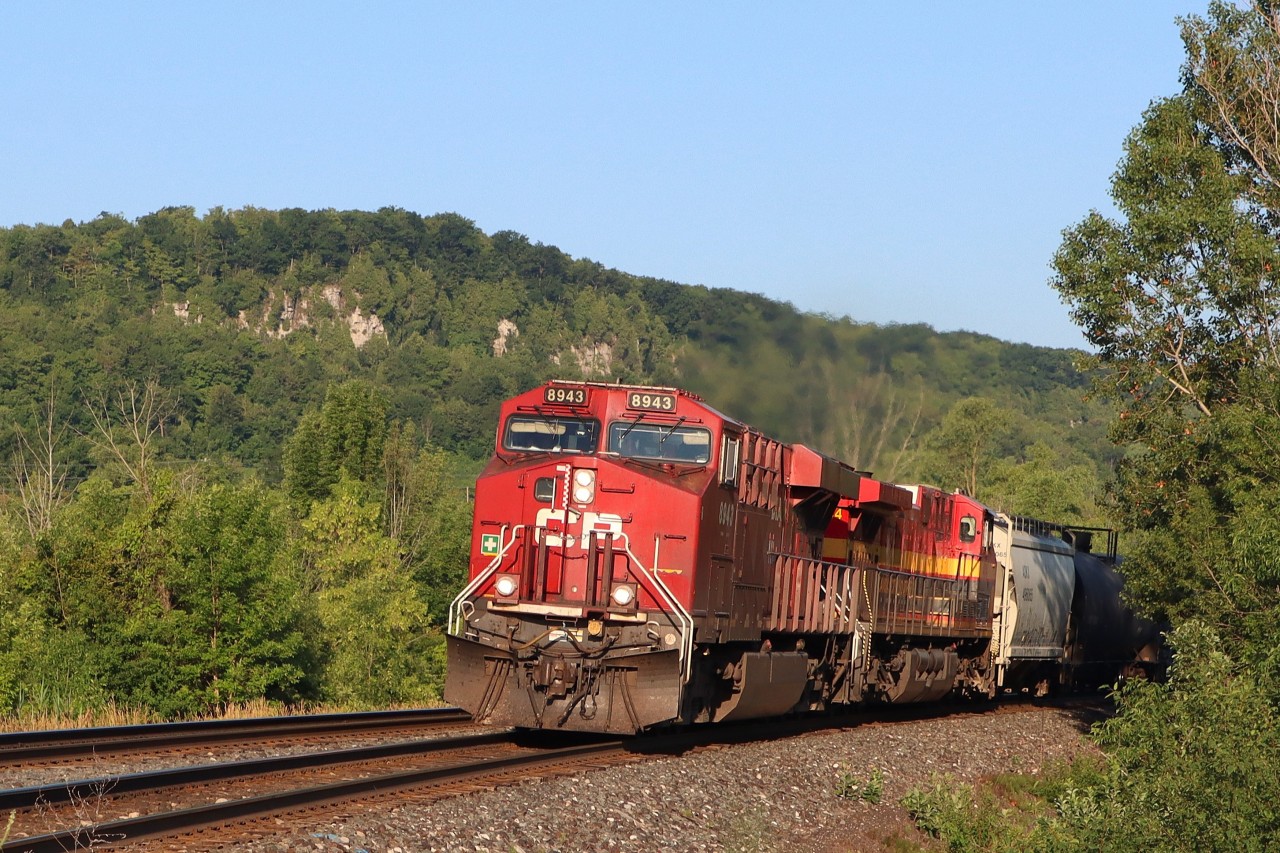 An early morning drive didn't disappoint today. Eastbound CPKC manifest freight descending the Niagara Escarpment about to cross Steeles Ave., W in Milton.