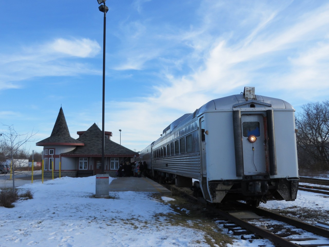 The Santa train shas just returned to the Orangeville station with the RDC-9 acting as a control cab for the back-up move. This train was a surprise as I was out on a birthday road trip with my son and didn't know OBRY was running these trains. Needless to say we stopped and got some photos.