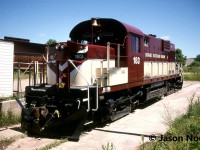 In July 1996, Ontario Southland Railway RS18 183 is viewed in fresh paint in St. Thomas. Eventually, the unit would be assigned to Tillsonburg and work on the Tillsonburg Spur (former CP Port Burwell Subdivision) to Ingersoll. Built with a low nose in 1968, RS18 183 is ex-Inco 208-3 and was acquired by OSR the previous year. It had been stored at Inco’s facility in Thompson, Manitoba before heading to Ontario. It was briefly numbered OSR #3 before entering the former Michigan Central shop in St. Thomas during July 1995 for work. At the time, I believe this was the first OSR unit to be adorned in the corporate colours of the railway. 