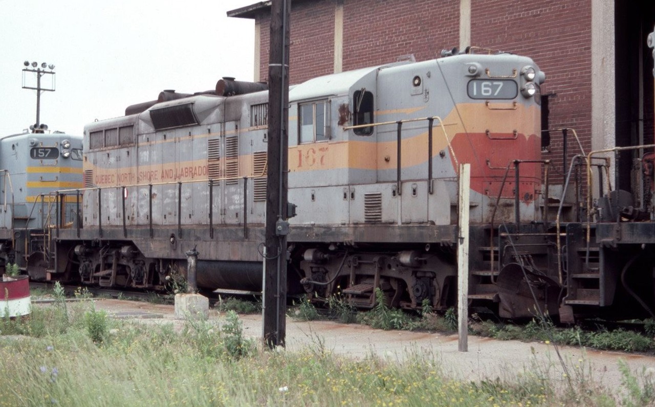Quebec North Shore and Labrador GP9 #167 was found near Toronto Union Station with a group of units in July of 1982.
