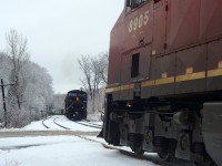 Part 2/3. As you can see <a href=http://www.railpictures.ca/?attachment_id=59429 target=_blank>in the first photo</a> the lights were off on 236 as they had a meet coming, and quick. After capturing 236 grinding up the hill, I was able to capture 237 coming around the curve behind me, but I turned again and captured this "meet shot" - while not exactly the way I'd like I kinda realize we don't have the luxury of time. But I had another goal in mind, and you'll see next week just how difficult the goal was in part 3/3. The truth is moving meet shots are one of the most difficult to get, and get right, you're basically at the mercy of what the Lord throws at you when it happens and your ability to navigate with your feet, a camera and lens. How many times have you had an opportunity to shoot two moving trains and be in the right place right time? It's rare right?