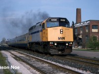 VIA Rail train 689 is pictured departing from the Kitchener, Ontario station after completing its stop with F40PH-2 6426. The Sunday evening train is heading westbound to Stratford and London over the CN Guelph Subdivision. 