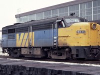 Via MLW FPA4 6771 is shown alongside Toronto Union Station in July of 1982. It looks like the maintenance of way forces have a lot of work ahead of them based on that stack of railroad ties! 