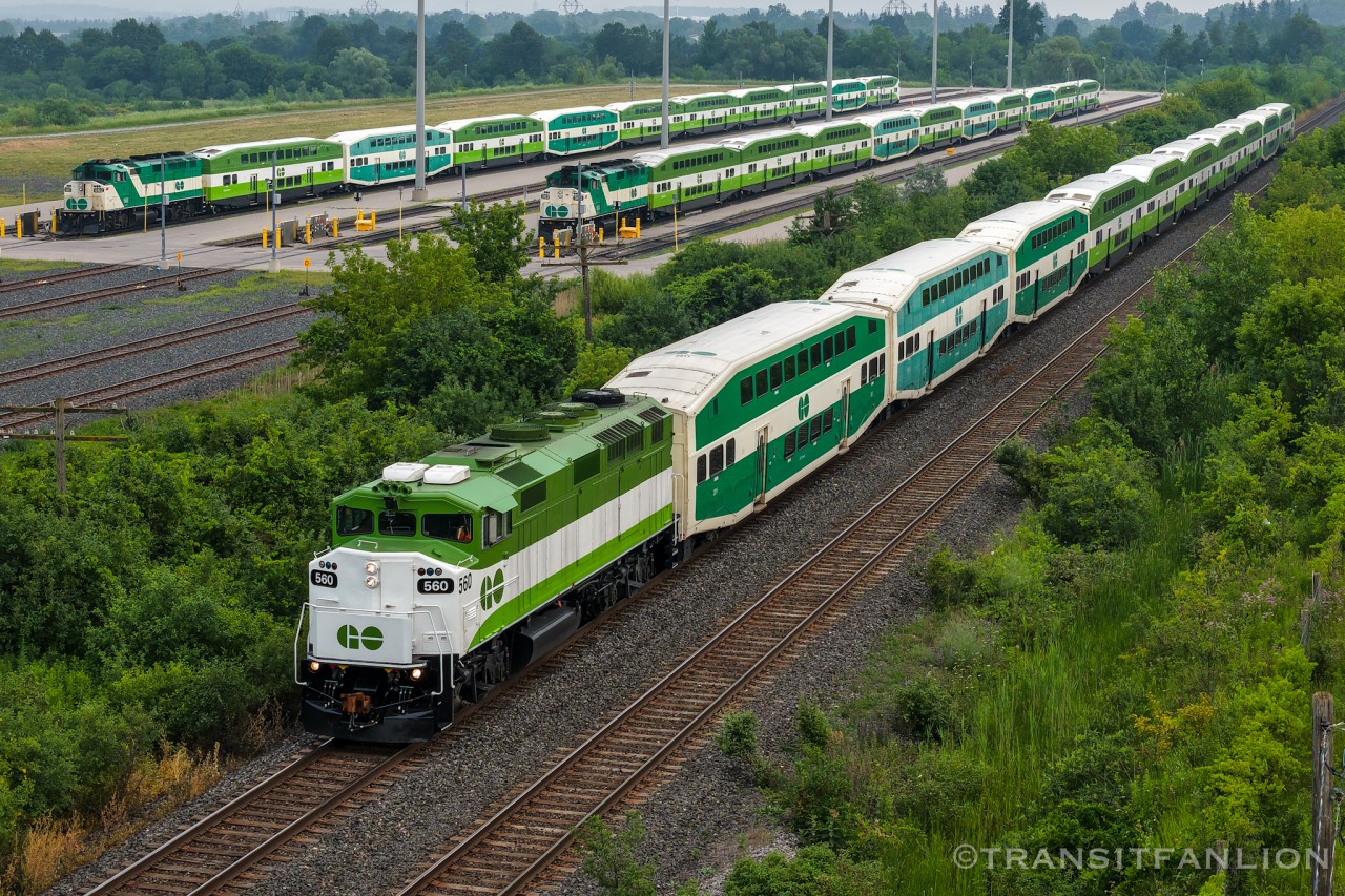 Full-house F59-L10 Friday
GO 5127 with newly rebuilt GOT 560 in the lead, passing Gormley layover yard with parked GO 5323 with GOT 562 and GO 5325 with GOT 563 in the background. (2026/07/17)