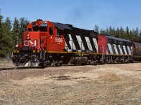 Spring of 1988, a time of much change on the Coronado. Combo's like this were not uncommon at the beginning of 88 , there were also a number of instances with a GP38 and a beetle B unit. The first big change came in May with the renumbering of the GP38's into the 47 and 4800's. I caught my last, the 5529, on October the 11th. Next, starting in summer, F unit and GP9 number's started to dwindle. Summer of 89 there were no F units left and any GP9's remaining in service only trailed. The older GP9's quite often helped with their newly re-built replacements, the 4000 and 4100's. In just over a year, many of the familiars went through some sort of cosmetic surgery or were gone for good. Even the roadbed was getting an update. The sub-grade has been dumped and leveled into place. Next will come what seemed like an endless chain of ballast cars. In the end, the whole tracked must have been raised several inches. Looked great! Photo taken at mile 24.4 at 14:30.