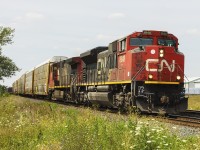 There isn't a lot to see in this small farming community. However, trains have been passing through for a very long time. There once was a small station, that would have stood to the left, by the overhanging tree. 
<br>
<br>
Here, passing the old station site, CN 8848 and another unit that I didn't record the number of...start to lean into the curve as they rumble eastward with their mixed freight.
